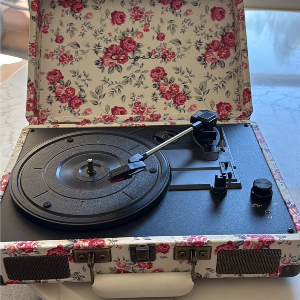 Portable Floral Vinyl Record Player Turntable - White & Pink